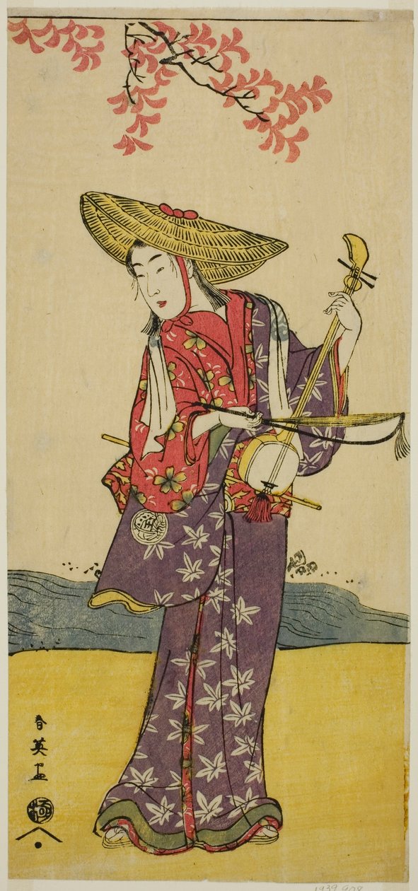 1790 年 11 月在川崎剧场演出的戏剧《Dai Danna Kanjincho》中饰演漫步乐师的演员泽村玉柄 作者 胜川俊英