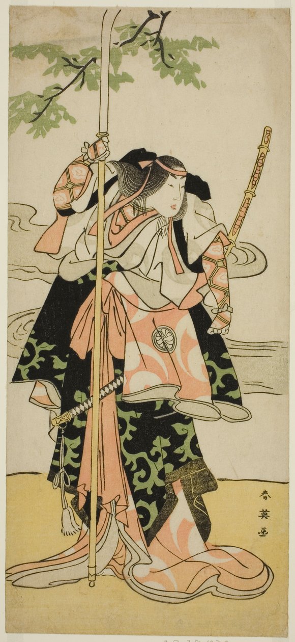 1793 年 11 月在宫古剧场演出的话剧《八刹贡贝宫古之神道》中饰演朋江夫人（朋江御前）的演员濑川菊之条三世 作者 胜川俊英