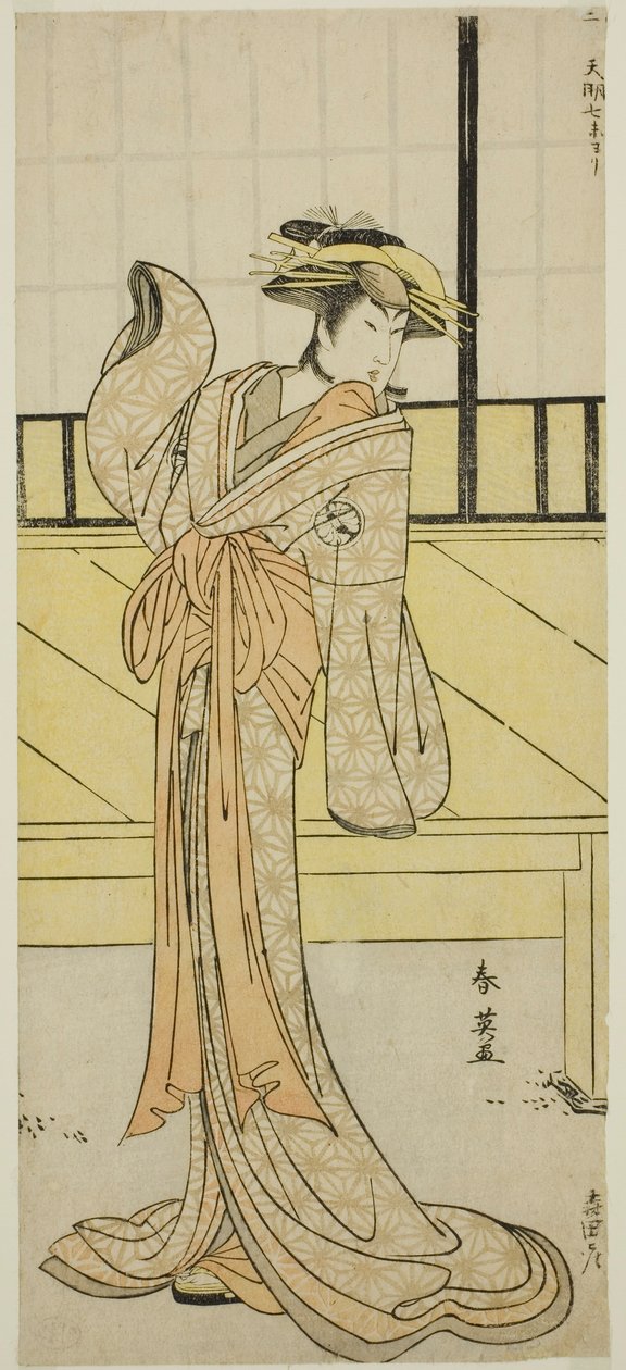 1787 年 8 月在森田剧场演出的戏剧《金德本中村》中饰演冈春的演员濑川菊之条三世 作者 胜川俊英