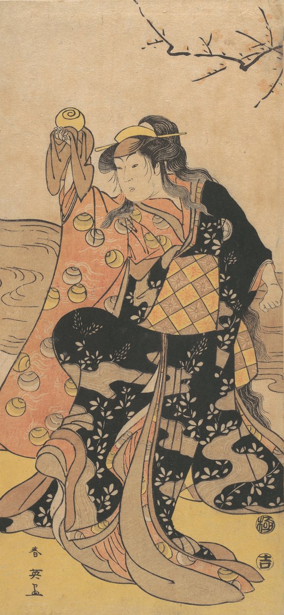 第四幅岩井半四郎扮演的女子手持水晶球，在......的岸边跳舞，约1788年。 作者 胜川俊英