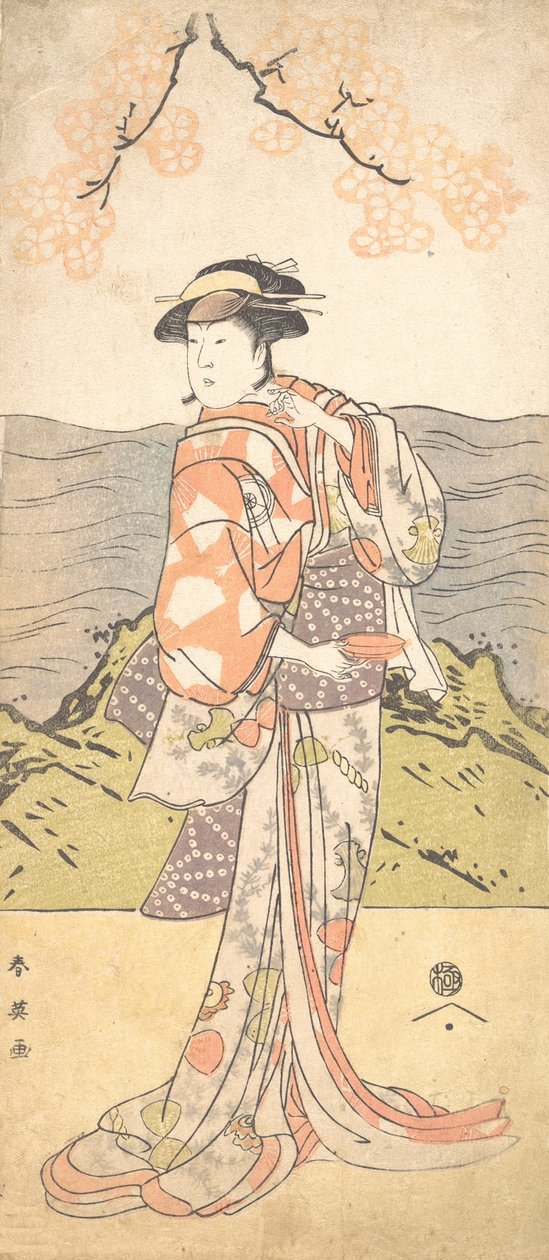 第四幅岩井半四郎扮演站在樱花树下的女人，约1792年 作者 胜川俊英