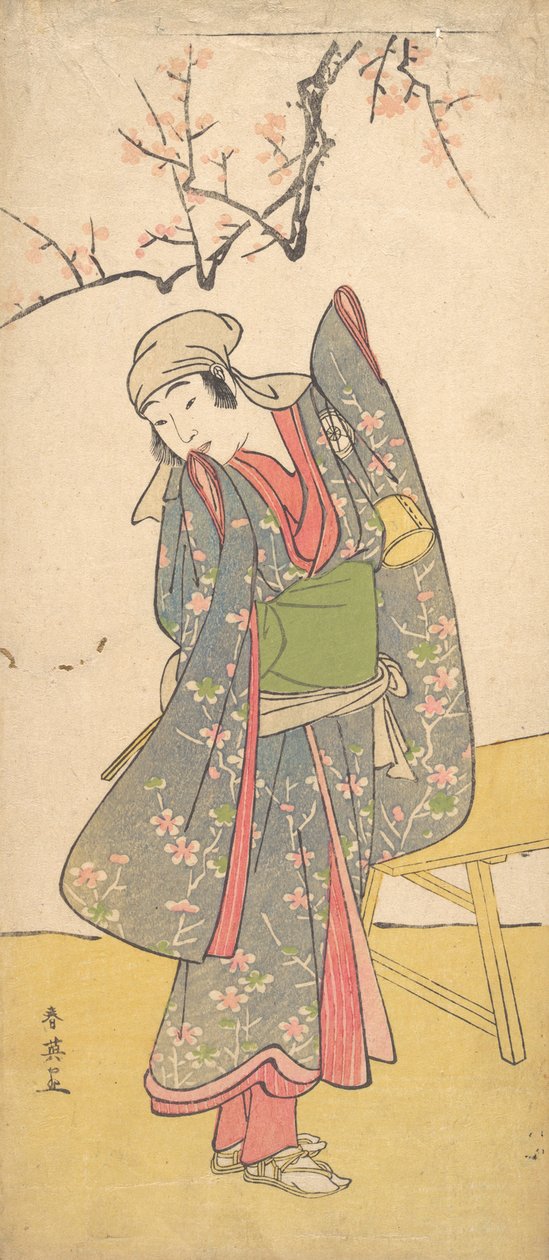 约1790年，第四代岩井半四郎作为一个年轻女孩站在木制长椅旁 作者 胜川俊英