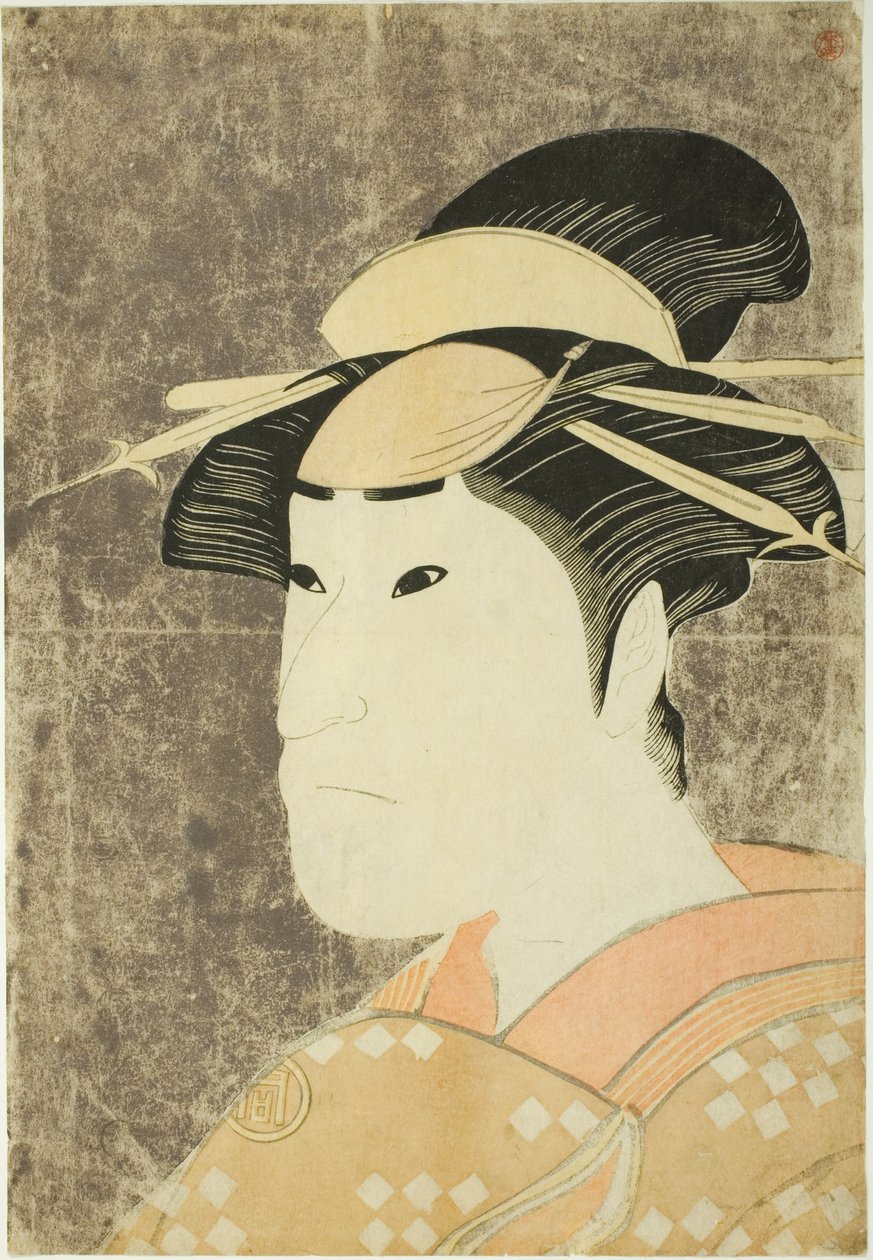 1794 年 5 月，在宫古剧场上演的话剧《花名文禄曾我》中，饰演祗园妓女小奈代的演员佐野川一松三世。 作者 胜川俊英