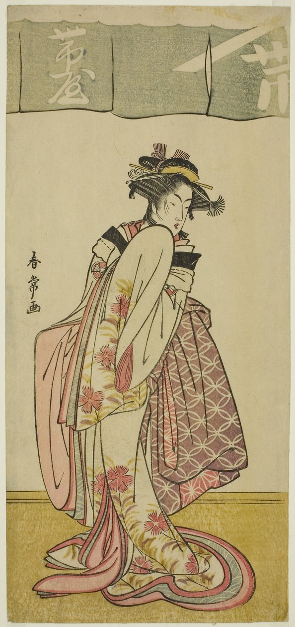 演员濑川菊之丞三世在《歌舞伎之花万代曾我》中扮演信乃屋大半，于三月在市村剧场演出，约 1786 年（彩色木版画；细版） 作者 胜川俊城