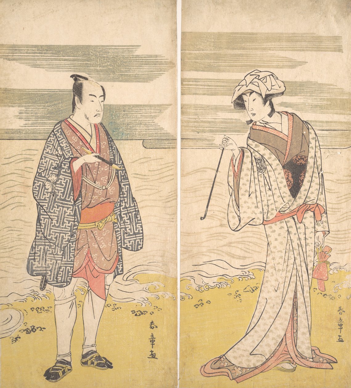 两位演员：第四位松本幸之助扮演穿着短和服的男子[左]，1779年。 作者 胜川俊城