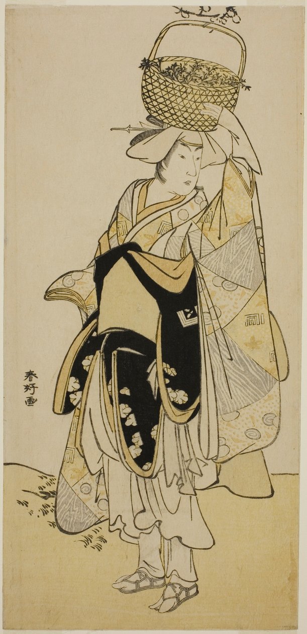 1785 年正月在中村剧场演出的剧目《初花美人须贺》中饰演白菊的演员市川遥藏三世（Ichikawa Yaozo III）。 作者 胜川俊康®̄