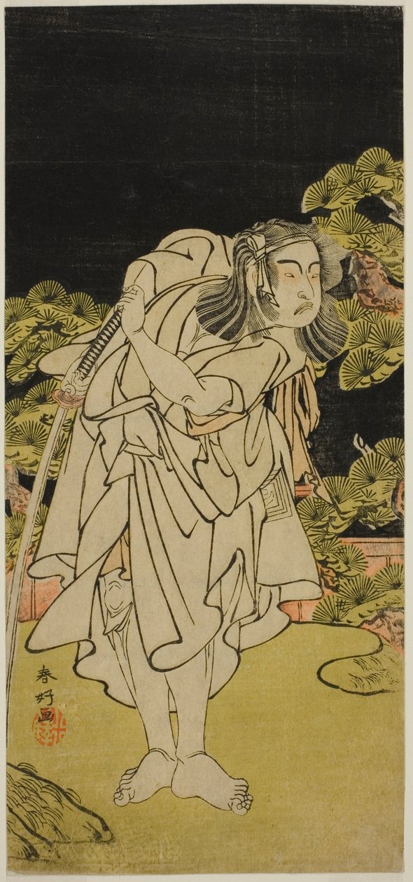 1776 年正月在市村剧院（？）演出的戏剧《Kamuri Kotoba Soga no Yukari》中饰演曾我之道三郎的演员 Ichikawa Yaozo II（？ 作者 胜川俊康®̄