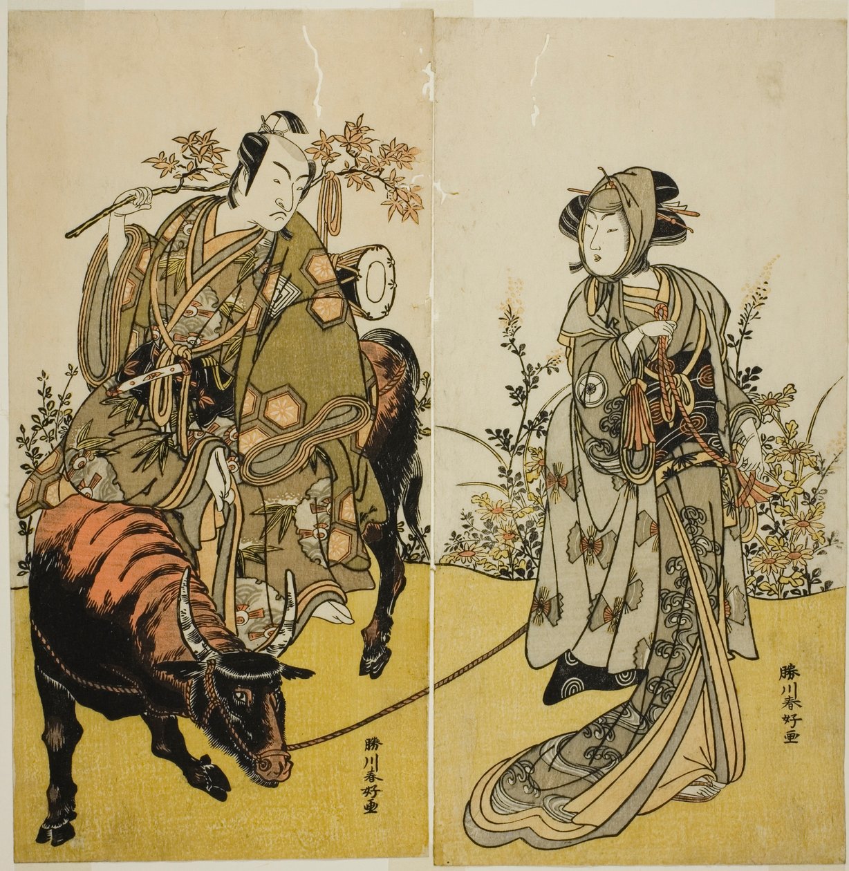 1779 年 7 月在中村剧场上演的《片泷内阿达纳卡什库》中饰演奥古米（右）的演员岩井半四郎（Iwai Hanshiro IV）和饰演小柴幸之助（Koshiba Yukienojo）的市川门之助二世（Ichikawa Monnosuke II）乔装成江越卖主六三郎（左）。 作者 胜川俊康®̄