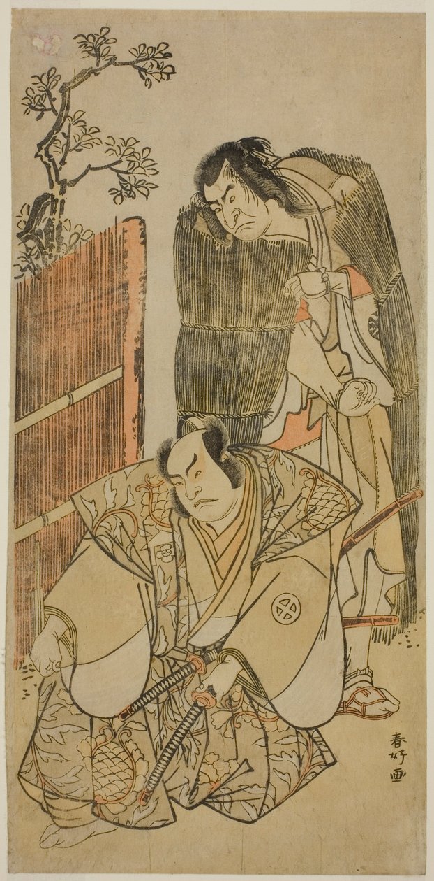 1783 年 3 月在市村剧场演出的戏剧《小吹半濑曾我》中饰演扮成乞丐的景清的演员中村中藏一世（右）和饰演鬼尾新左卫门的大谷弘治三世（左）。 作者 胜川俊康®̄