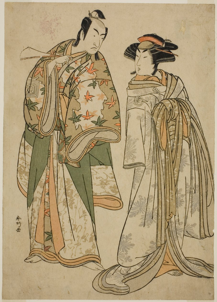 1784 年 11 月在 Kiri 剧场演出的戏剧《Juni-hitoe Komachi-zakura》中饰演歌妓 Sumizome（右）的演员 Segawa Kikunojo III 和饰演 Goinosuke Yoshimine（左）的 Ichikawa Monnosuke II 作者 胜川俊康®̄