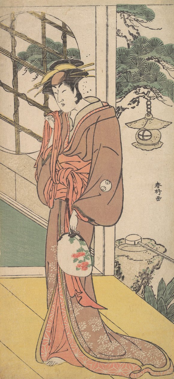 岚龙藏饰演站在恩加瓦上的高大女子，约1789年。 作者 胜川俊子