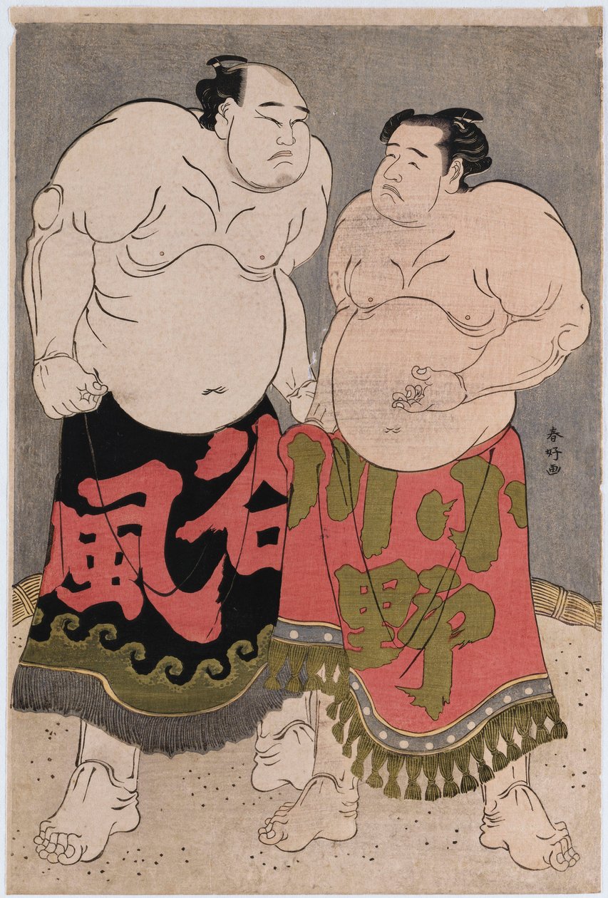 右图为小野川喜三郎摔跤手的全长肖像，左图为谷崎佳之助的全长肖像 作者 胜川俊子