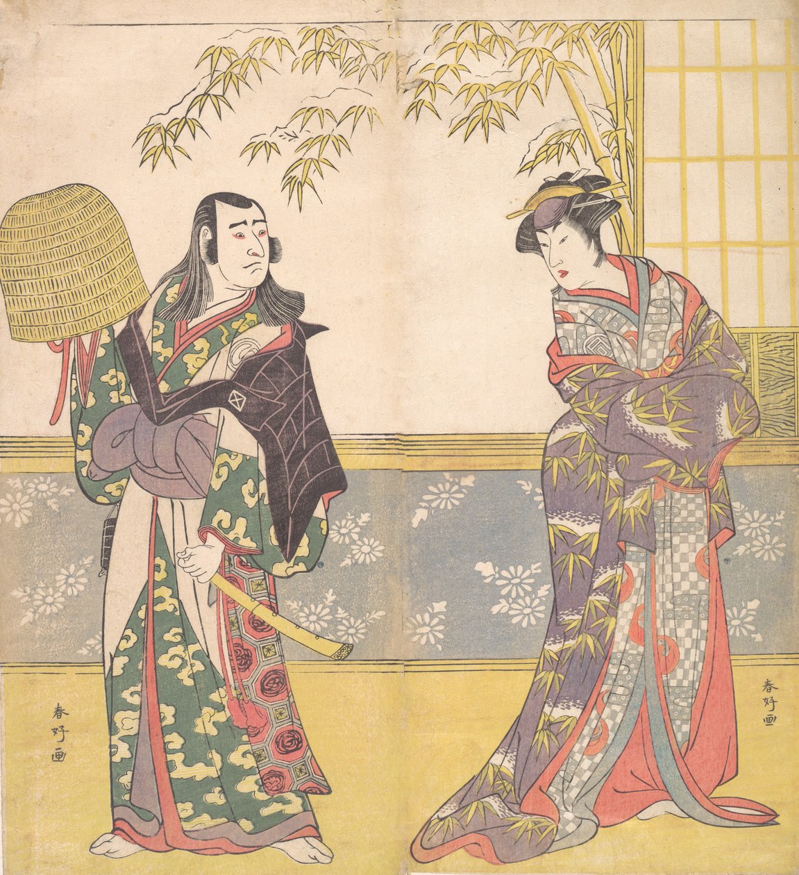歌舞伎演员泽村宗九郎三世和佐野川一松三世在《花魁的镜子》中，1788年。 作者 胜川俊子