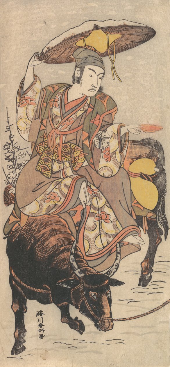 演员松本幸之助四世在暴风雪中骑牛，约1790年。 作者 胜川俊子