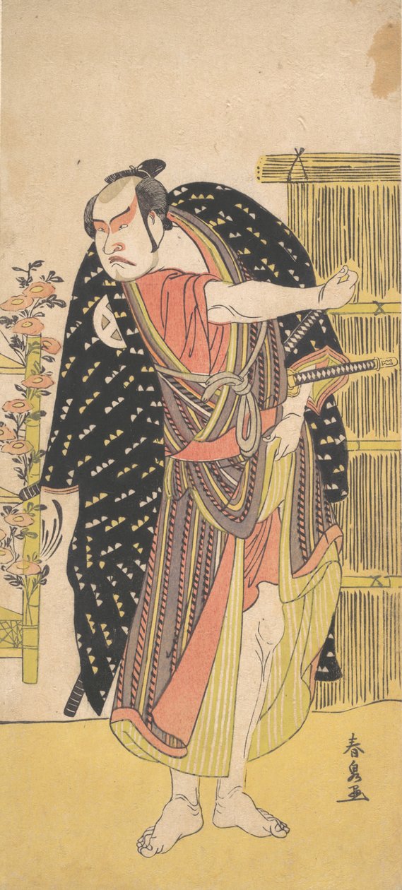 第三位大谷广治作为武士站在高高的栅栏附近，约1785年。 作者 胜川顺森