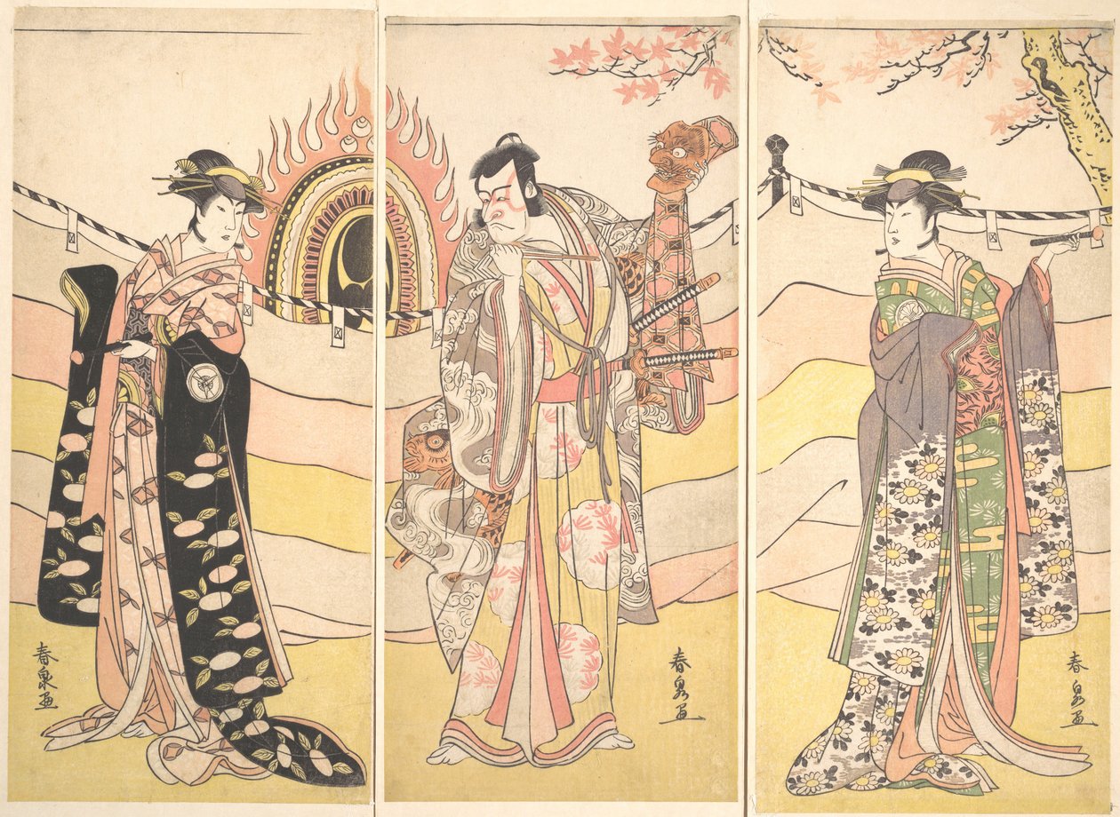 三个穿着漂亮服装的演员在表演宗教舞蹈，约1785年。 作者 胜川顺森