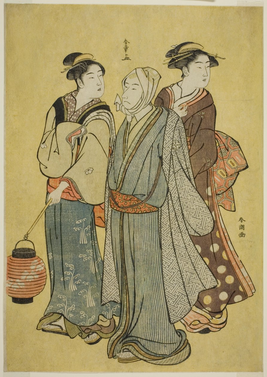 装扮成市川家演员的年轻人（作者 Shunsho）、女仆和艺伎（作者 Shuncho） 作者 胜川俊章