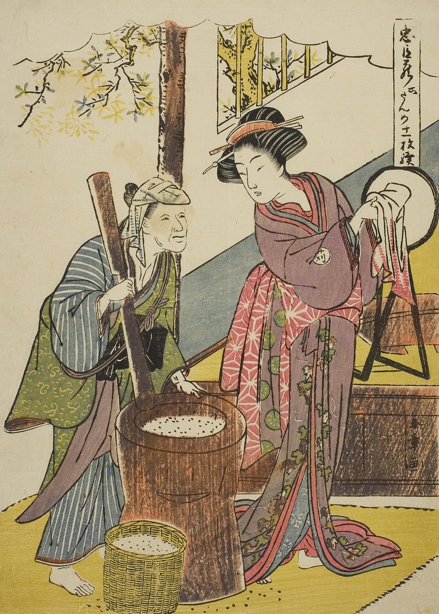 第六幕：戏剧《忠臣藏》中的余市兵卫之家，c.1779-80（彩色木版画；chuban） 作者 胜川俊章