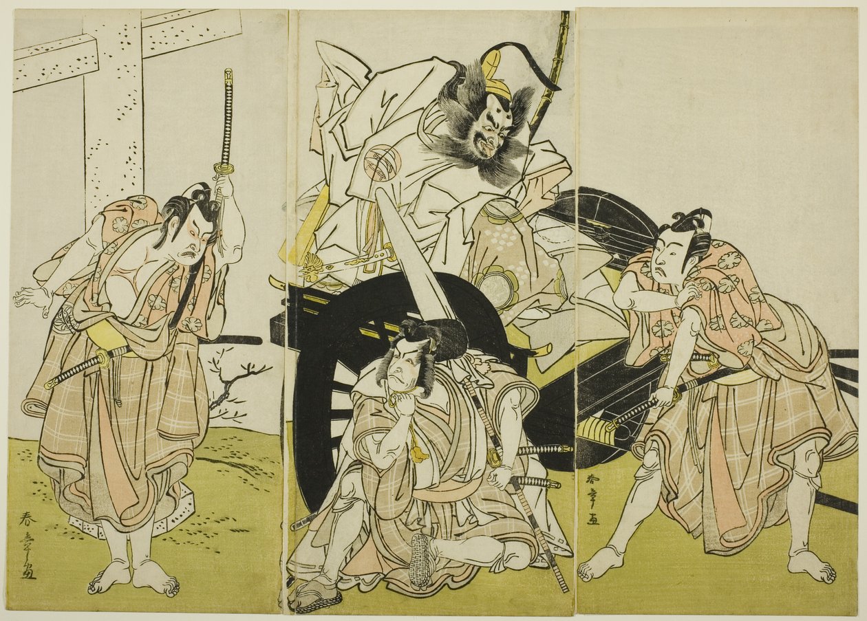 菅原的书法秘诀》（"Sugawara denju tenarai kagami"）中饰演藤原石平的演员中岛三右卫门二世、饰演松尾丸的演员市川惠比藏三世、饰演樱丸的演员市川耀宗二世和饰演梅丸的演员市村右左卫门九世。 作者 胜川俊章