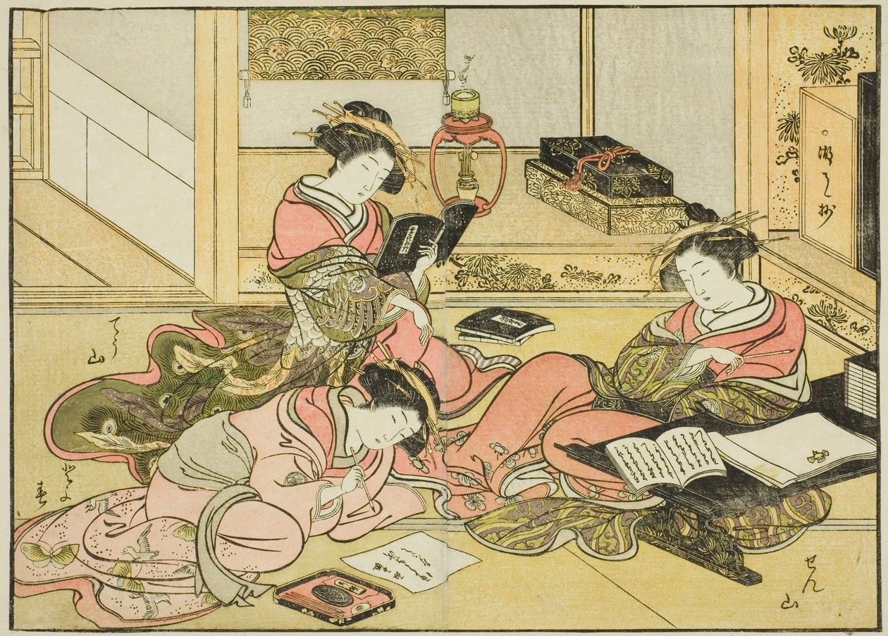 周家的歌妓，选自《妓院美女镜》（Seiro bijin awase sugata kagami），第 1 卷。 作者 胜川俊章