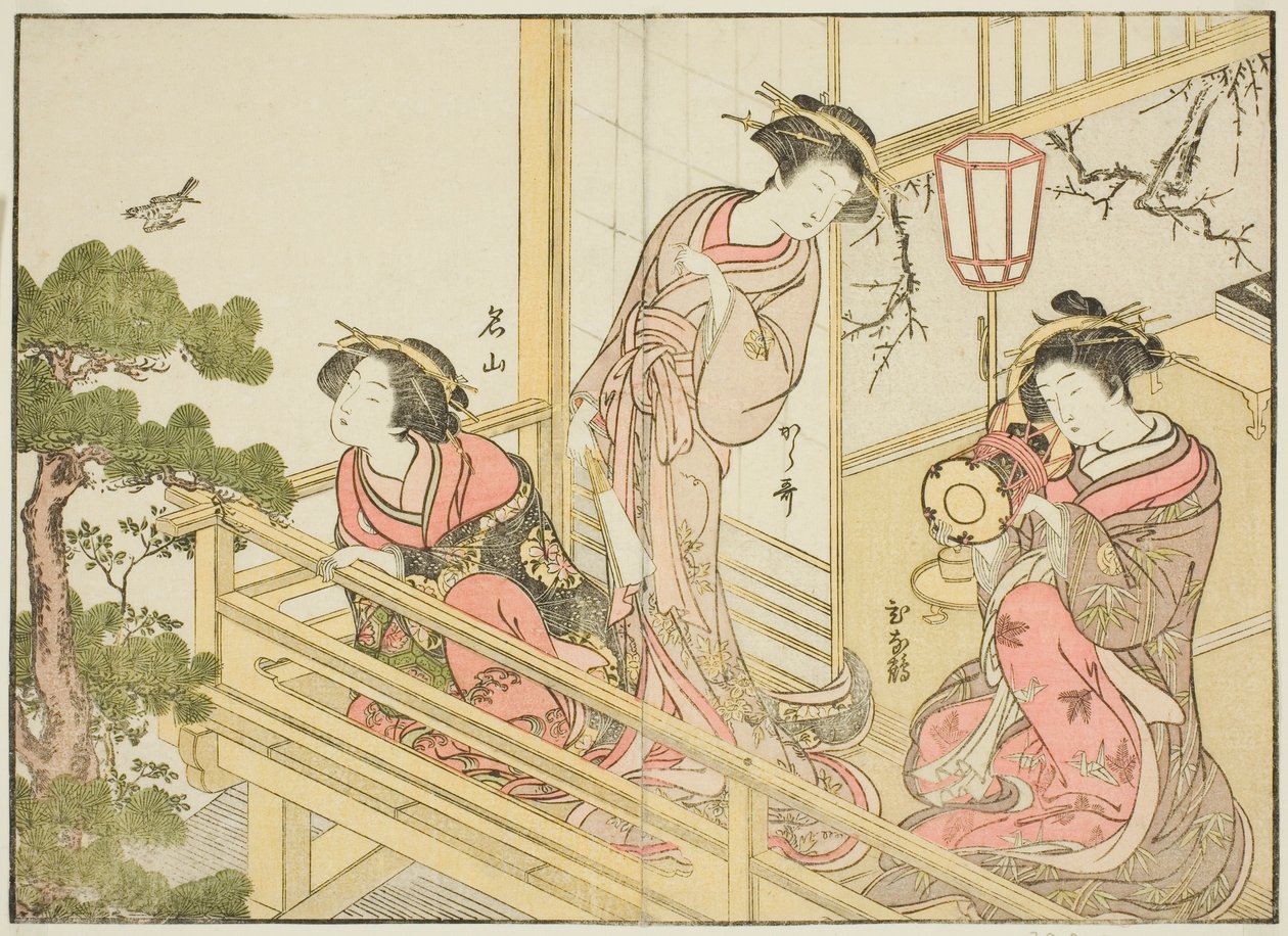 周家的歌妓，选自《妓院美女镜》（Seiro bijin awase sugata kagami），第 1 卷。 作者 胜川俊章