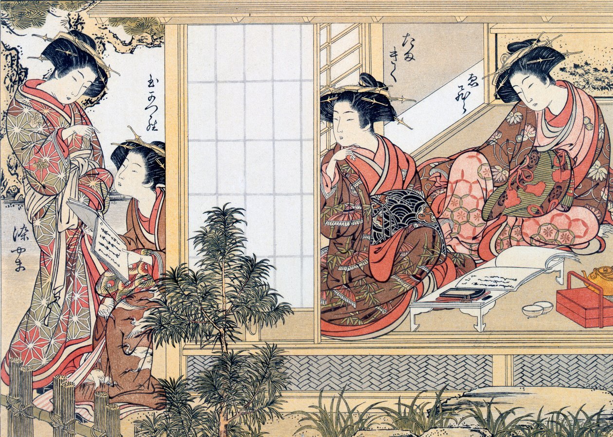 日本女宫女的阅读和写作，约1776年。 作者 胜川俊章