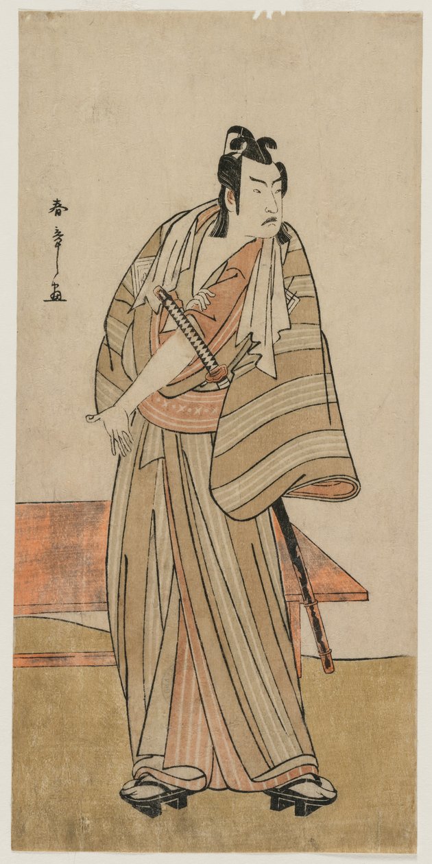 市川遥三（Ochikodate）站在长凳上，约1780年。 作者 胜川俊章