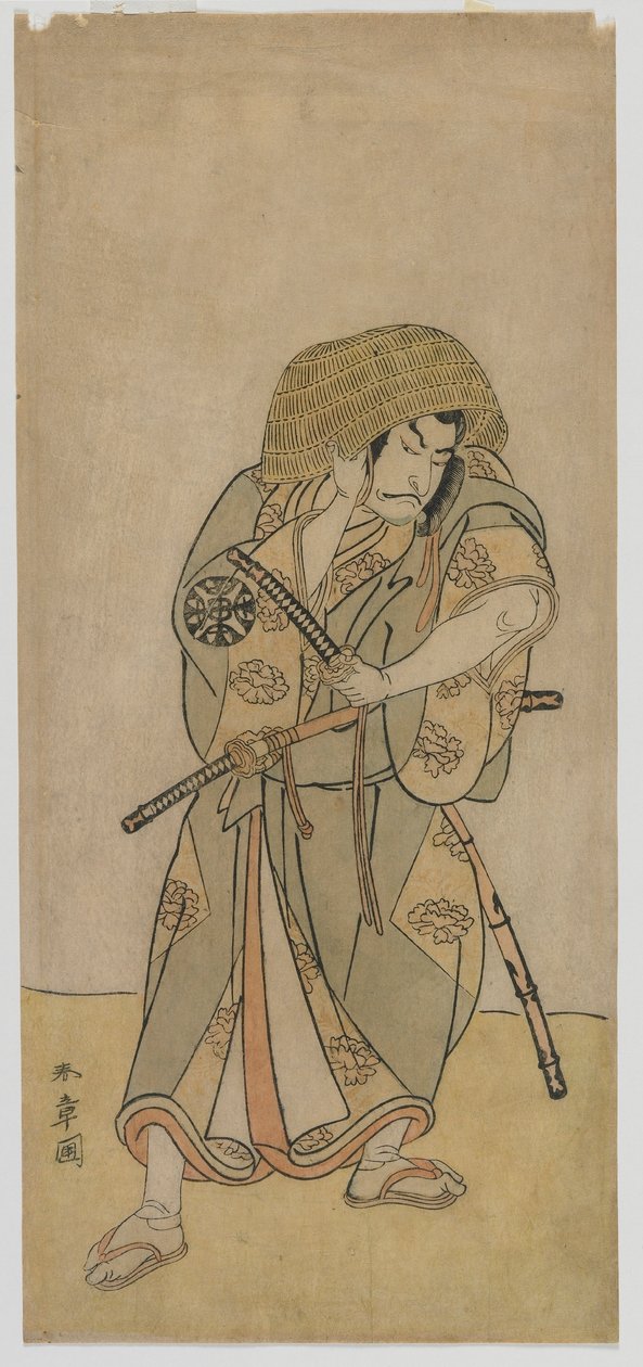 化装成武士的歌舞伎演员中村仲三（Nakamura Nakazo I），江户时代，1770 年代中期（彩色木刻版画 作者 胜川俊章