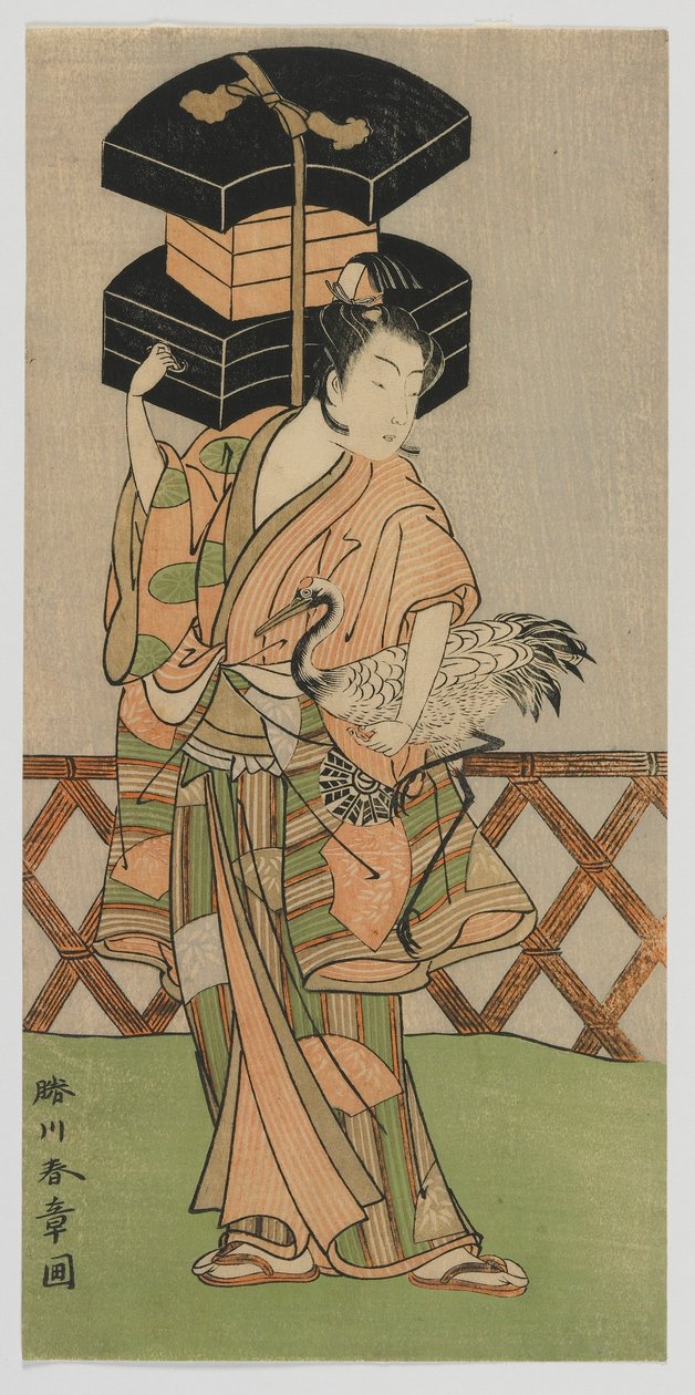 歌舞伎演员中村乃潮饰演扇子摊贩，江户时代，1770 年代中期（彩色木刻版画） 作者 胜川俊章