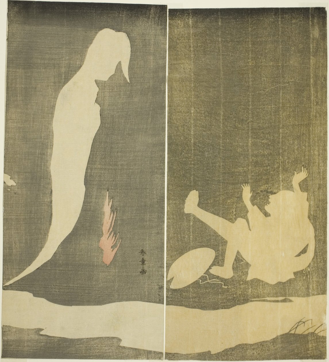 男子向后倒下，被河上的女鬼吓了一跳，约 1782 年（彩色木刻版画；细边双连画） 作者 胜川俊章