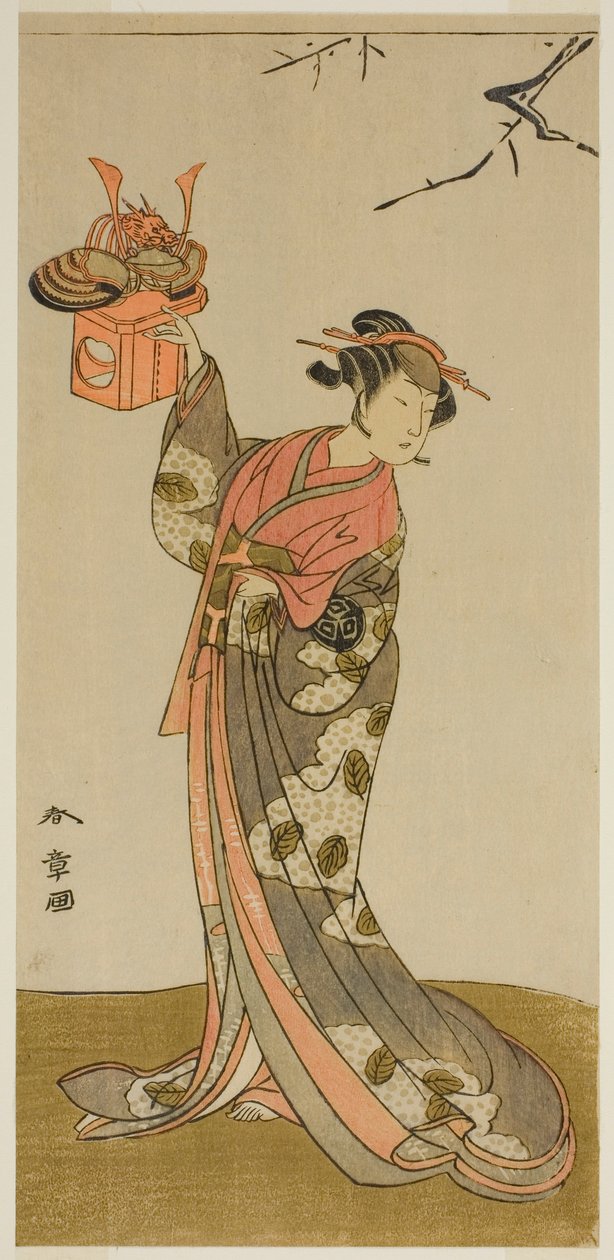 1773 年 4 月在市村剧场演出的话剧《五所樱堀川游知》中饰演花奴的演员岚雏治一世 作者 胜川俊章