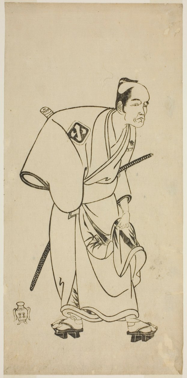 1768 年七月在中村剧场演出的《歌舞伎荻》（Ayatsuri Kabuki Ogi）中饰演平手一卫门的演员岚大藤八一世 作者 胜川俊章
