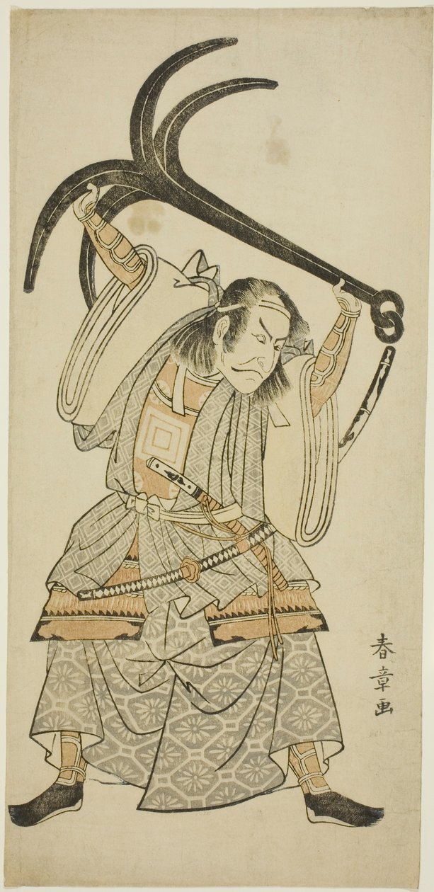 演员市川团十郎四世在话剧《义经的千樱（义经胜本樱）》中饰演平之友守，在 "拿着锚的友守（伊狩友守）"场景中伪装成东海谷金平。 作者 胜川俊章