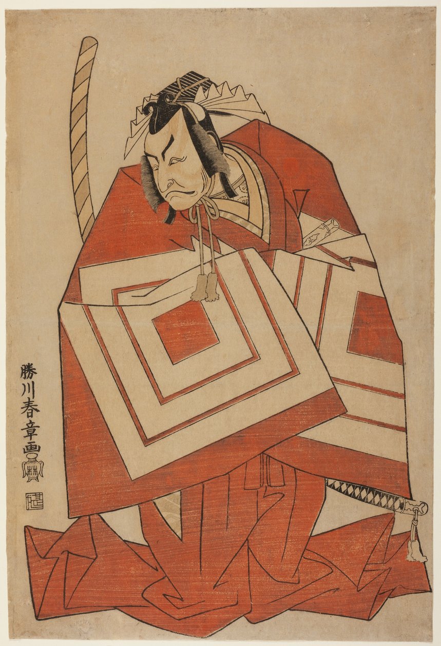 饰演 "柴乐 "角色的演员市川团十郎四世，可能出自 1768 年 11 月 1 日起在中村剧场演出的《源氏现世》（Ima o Sakari Suehiro Genji）。 作者 胜川俊章