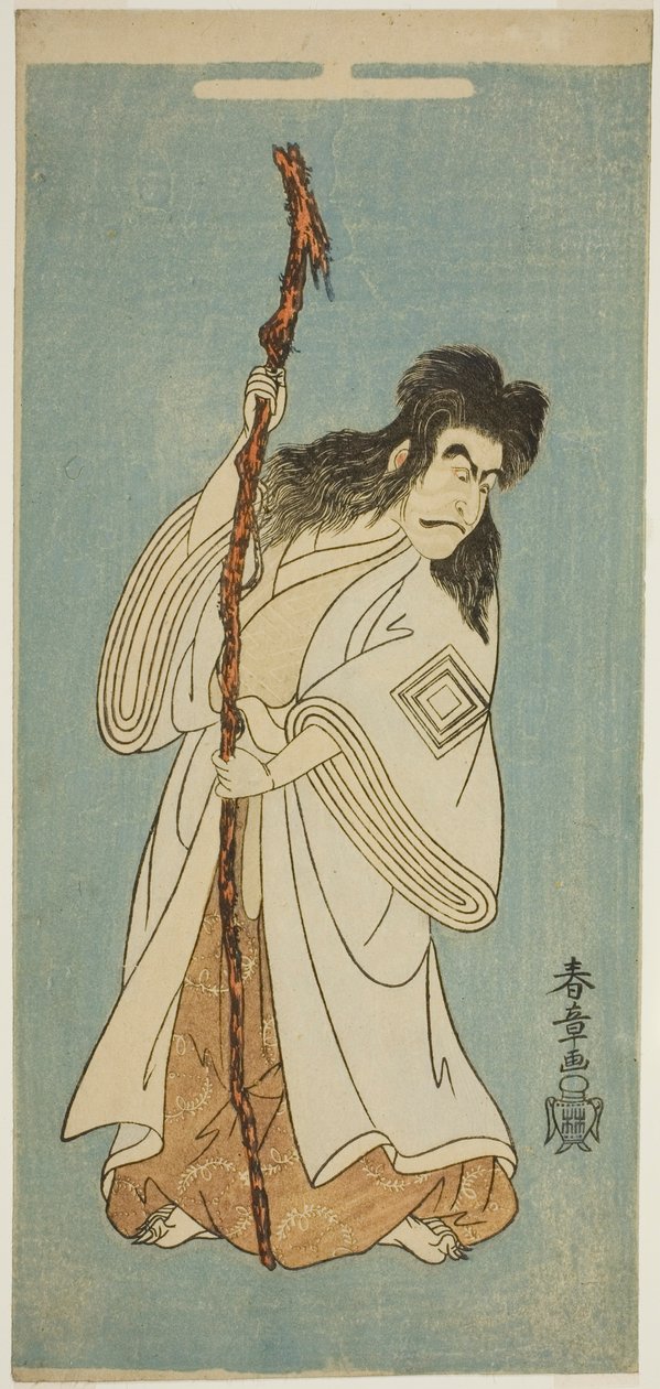 演员市川团十郎四世可能在 1768 年 8 月于中村剧场上演的话剧《天菊十兵卫转舵归家》中扮演天菊十兵卫。 作者 胜川俊章