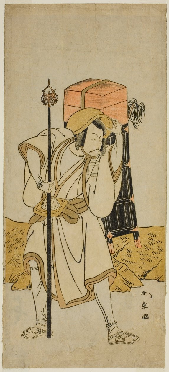 1773 年七月在盛田剧院演出的《宫吹岩尾之布台》中饰演森谷大神的演员市川团十郎五世，伪装成六条禄部的角色 作者 胜川俊章