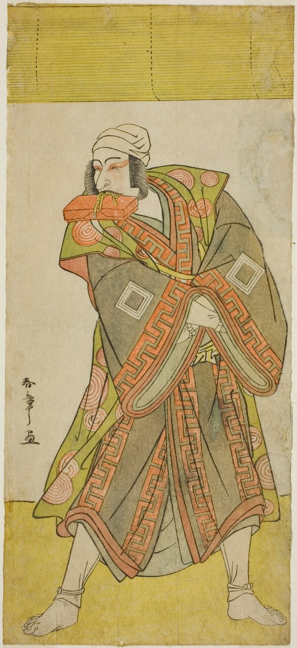 1781 年 5 月在中村剧场演出的《大和狩野有原庆水》一剧中饰演伪装成信使出津忠次的可立孝亲王的演员市川团十郎五世 作者 胜川俊章