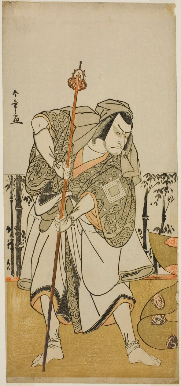 1777 年 11 月在中村剧场演出的《正仓院神栗之初行》一剧中扮作朝圣者淳于乔的平之正仓院演员市川团十郎五世 作者 胜川俊章