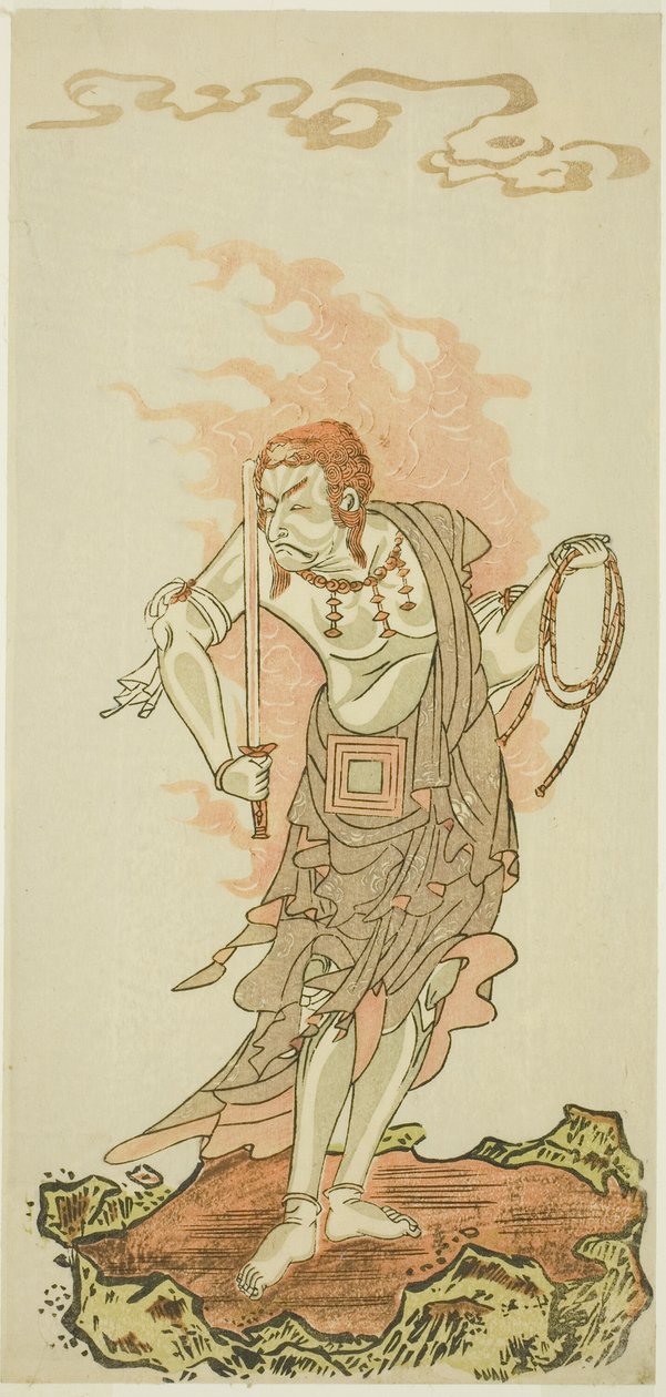 市川团十郎五世在第一部《重修屋顶：月也照耀吉原游乐区》第一部分的最后一幕中饰演佛教神灵不动尊。 作者 胜川俊章