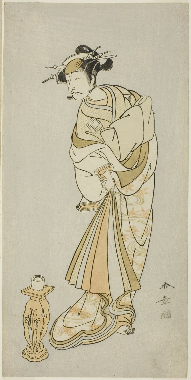 演员市川团十郎五世在《松枫影图》中饰演清源和尚的灵魂，该剧第二部分的最后一幕是 "穿和服的歌妓"（Keisei Momiji no Uchikake）。 作者 胜川俊章