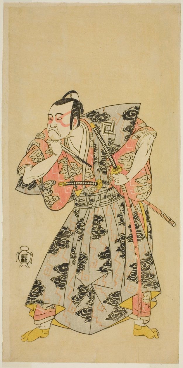 1768 年 10 月在森田剧场上演的《伊达莫约 Kumo ni Inazuma》中饰演福和巴纳左卫门的演员市川团藏三世 作者 胜川俊章