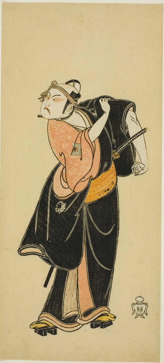 演员市川雷藏（Ichikawa Raizo I）在话剧 "曾我戏--布什莺报春 "中的 "布什莺报春 "场景中饰演花川户的 "布什莺"。 作者 胜川俊章
