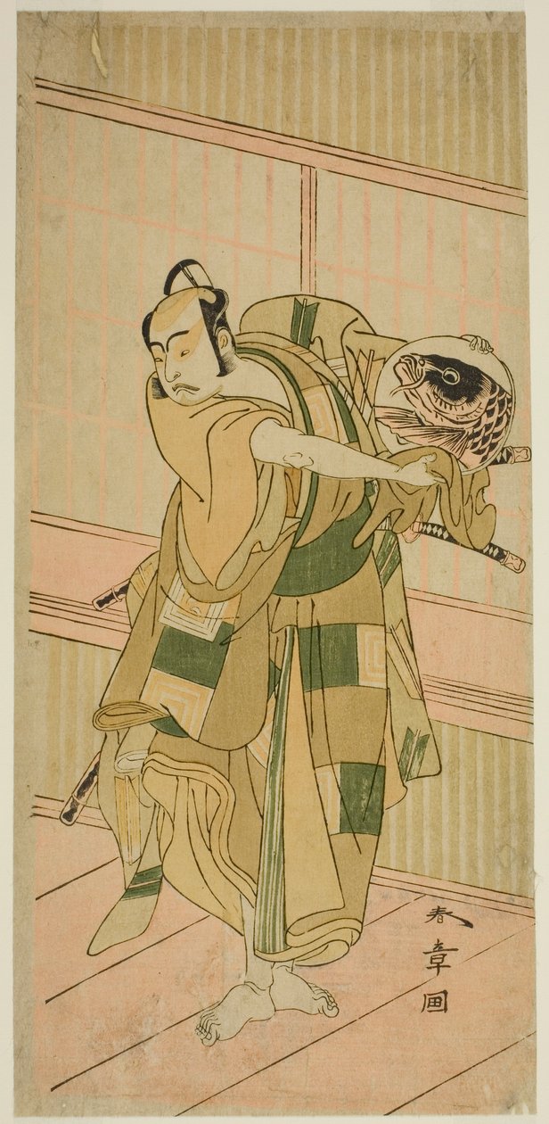 1772年11月在中村剧场演出的《大五郎惠比多筱冢》（Oyoroi Ebido Shinozuka）中饰演足利元治的演员市川耀造二世（Ichikawa Yaozo II 作者 胜川俊章