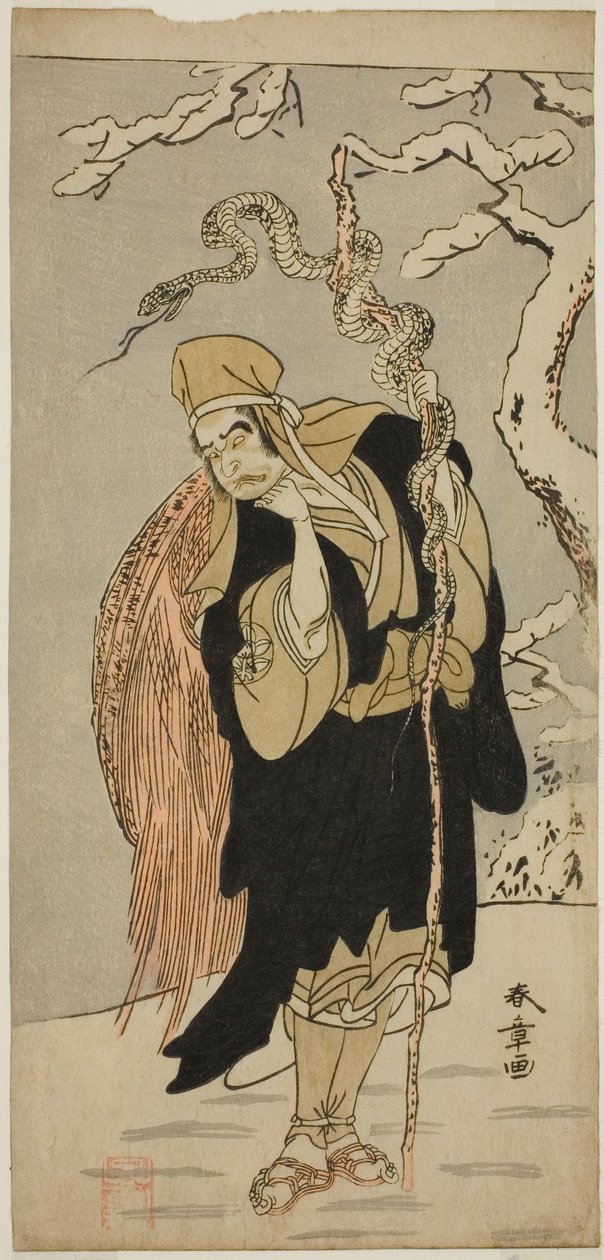 1774 年正月在市村剧场演出的话剧《伊伊金子-伊达丈母-曾我》中饰演阿扎丸的演员市村右左卫门九世 作者 胜川俊章