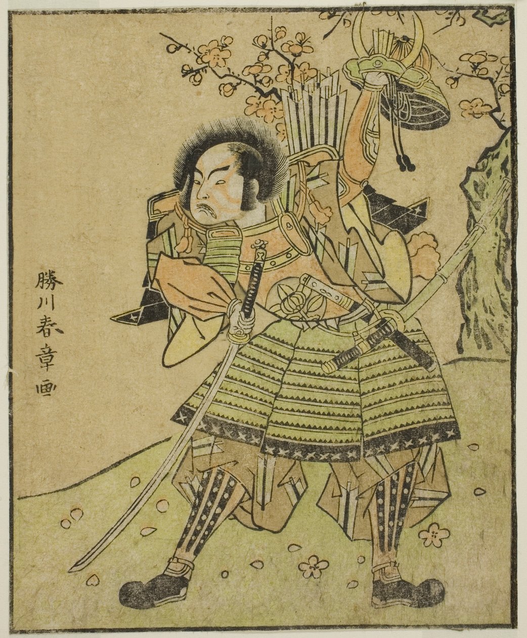 1770 年 11 月在中村剧场演出的话剧《妙音菊伊豆之纪》中饰演梶原元太的演员 Ichimura Uzaemon IX（？ 作者 胜川俊章
