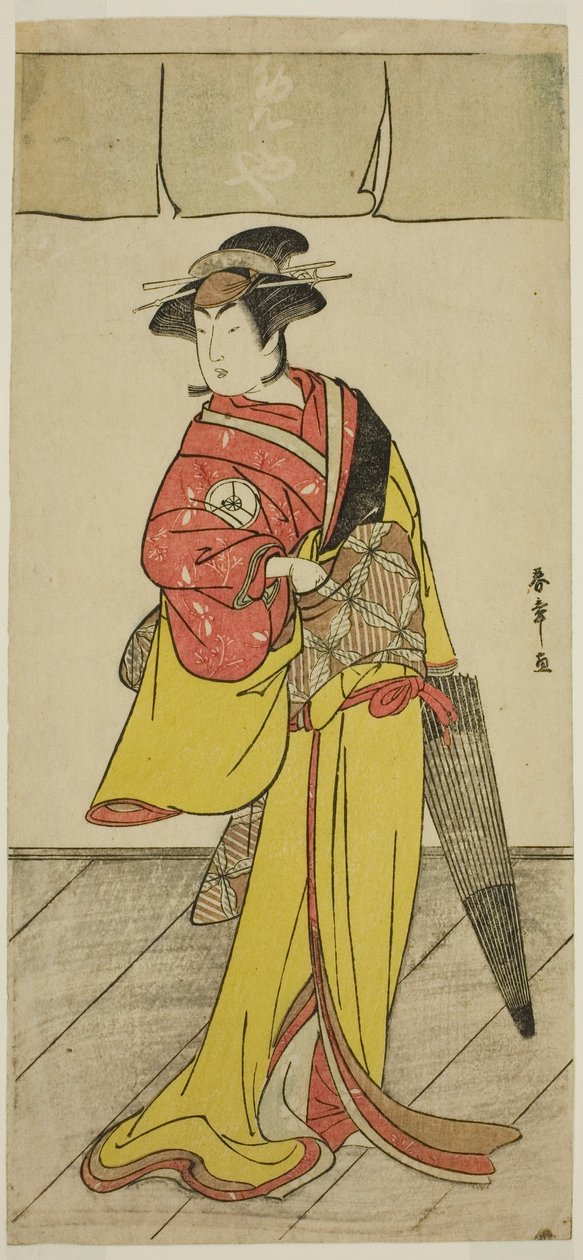 1789 年第四个孟夏在市村剧场演出的戏剧《鲤鱼之游》（Koi no Yosuga Kanagaki Soga）中饰演大须和的演员岩井半四郎（Iwai Hanshiro IV）。 作者 胜川俊章