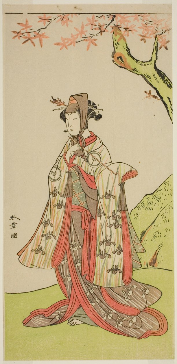 1773 年 3 月在中村剧场演出的话剧《和田坂盛荣贺神》中饰演樱花公主（樱姬）的演员岩井半四郎。 作者 胜川俊章