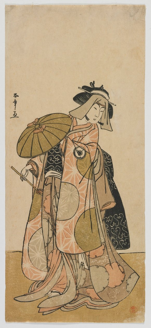 演员岩井半四郎四世作为旅行者，江户时代，约 1790 年（彩色木版画） 作者 胜川俊章