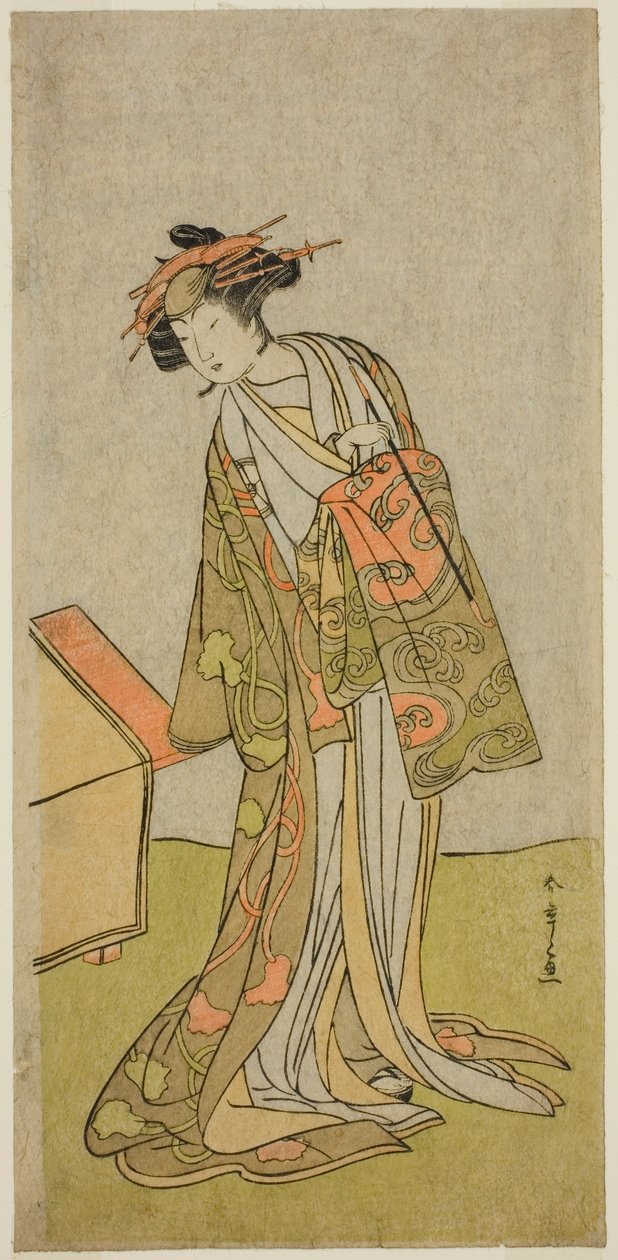 1776 年 3 月在市村剧场上演的话剧 "Sukeroku Yukari no Hatsu-zakura "中饰演歌妓 Agemaki 的演员岩井半四郎（Iwai Hanshiro IV）。 作者 胜川俊章