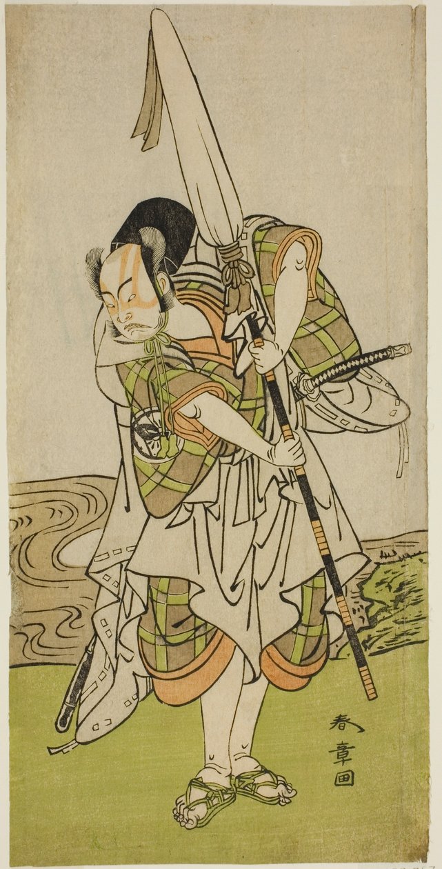 1773 年 11 月在森田剧场演出的话剧 "Onna Aruji Hatsuyuki no Sekai "中饰演伪装成王室仆人的朝原八郎的演员中村朱藏二世 作者 胜川俊章